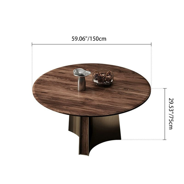 Table à manger ronde moderne minimaliste en bois de noyer et acier inoxydable avec 1 niveau pour 5/6 personnes 