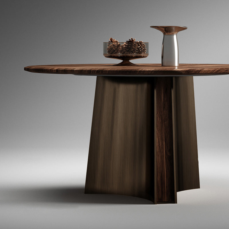 Table à manger ronde moderne minimaliste en bois de noyer et acier inoxydable avec 1 niveau pour 5/6 personnes 