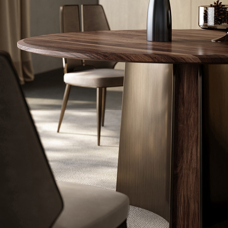Table à manger ronde moderne minimaliste en bois de noyer et acier inoxydable avec 1 niveau pour 5/6 personnes 