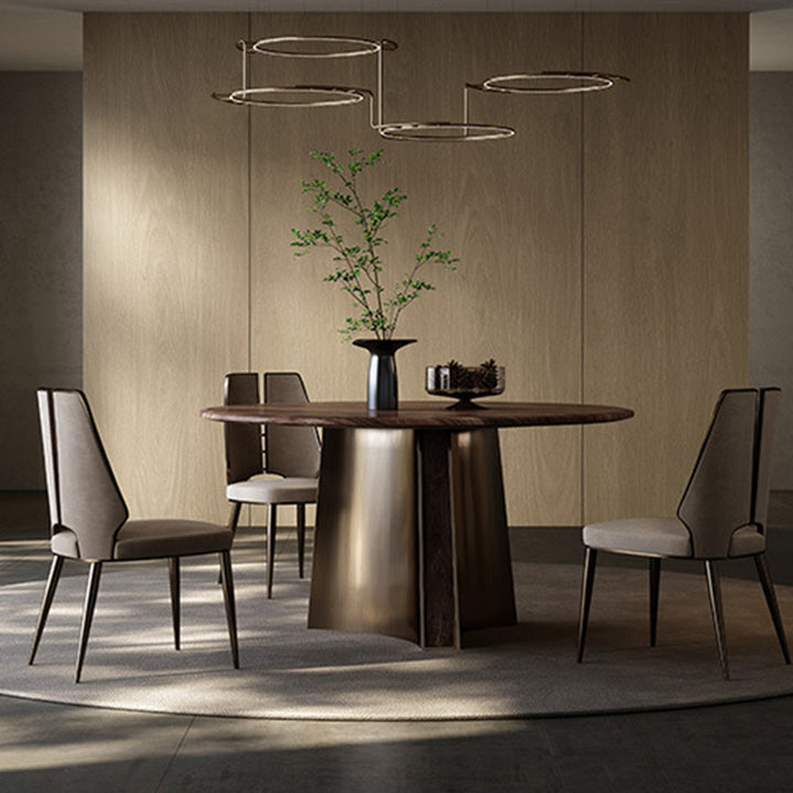 Table à manger ronde moderne minimaliste en bois de noyer et acier inoxydable avec 1 niveau pour 5/6 personnes 
