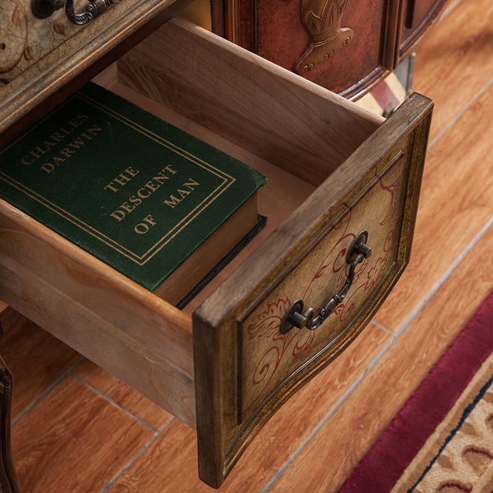 Traditioneller Vintage-Konsolentisch aus Gummibaumholz mit rechteckiger Form, 4 Schubladen und Schrank für den Eingangsbereich, das Wohnzimmer, das Schlafzimmer 