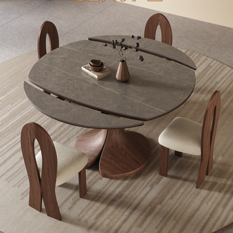 Mesa de Comedor Redonda de Piedra Sinterizada Vintage Tradicional con Extensión Plegable para 12 Asientos 