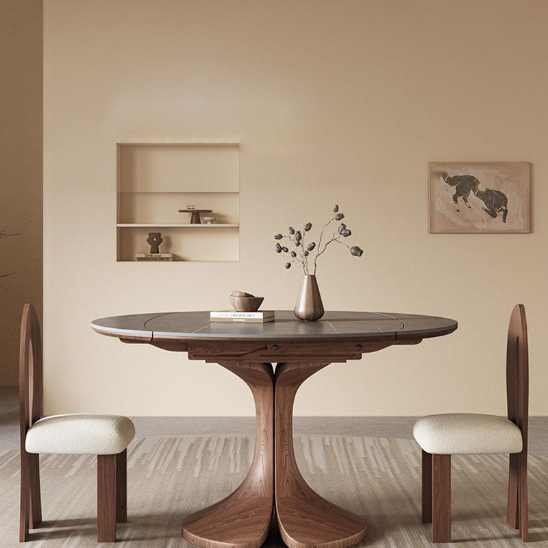 Mesa de Comedor Redonda de Piedra Sinterizada Vintage Tradicional con Extensión Plegable para 12 Asientos 