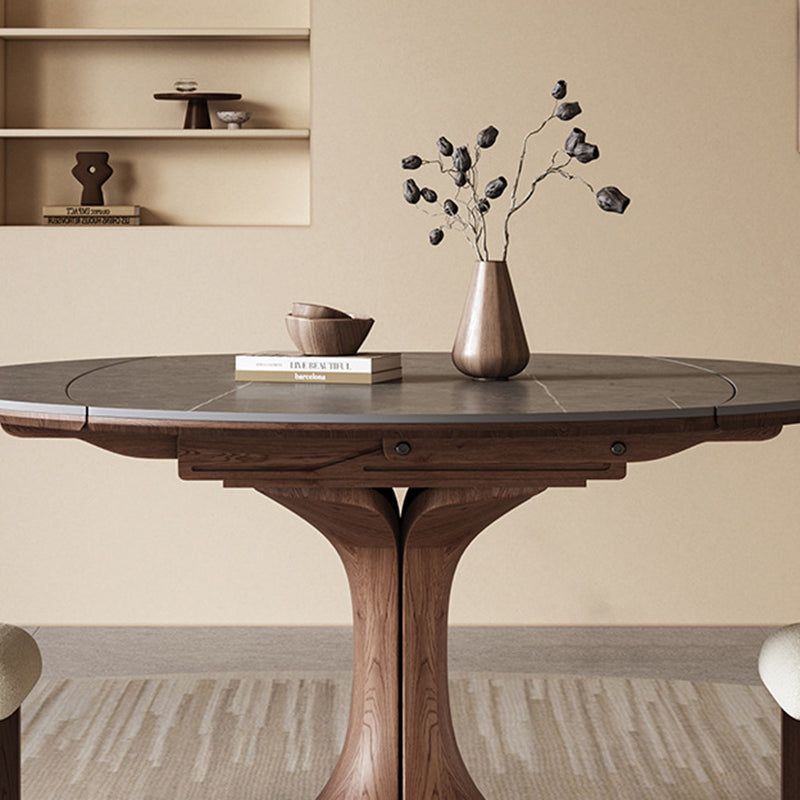 Mesa de Comedor Redonda de Piedra Sinterizada Vintage Tradicional con Extensión Plegable para 12 Asientos 