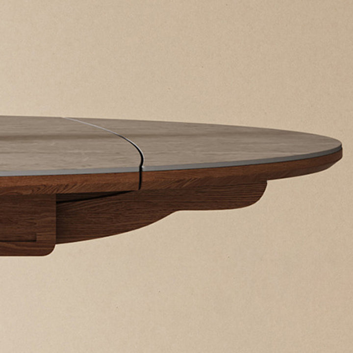 Mesa de Comedor Redonda de Piedra Sinterizada Vintage Tradicional con Extensión Plegable para 12 Asientos 