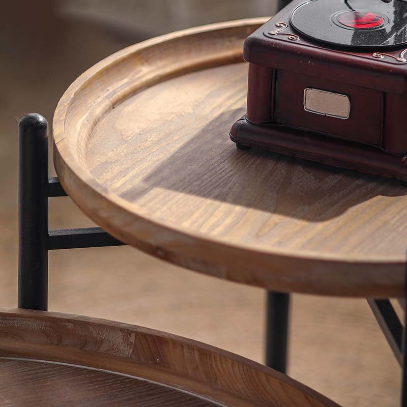 Moderner minimalistischer runder Couchtisch aus Tannenholz mit Eisenrahmen 1 Ebene für Wohnzimmer und Schlafzimmer 