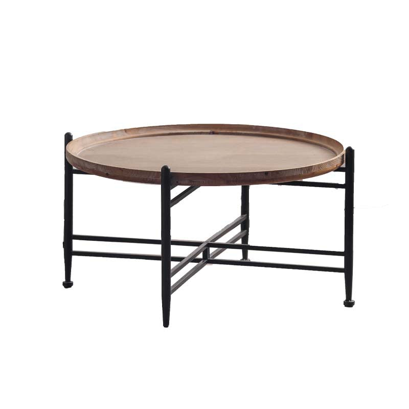 Moderner minimalistischer runder Couchtisch aus Tannenholz mit Eisenrahmen 1 Ebene für Wohnzimmer und Schlafzimmer 