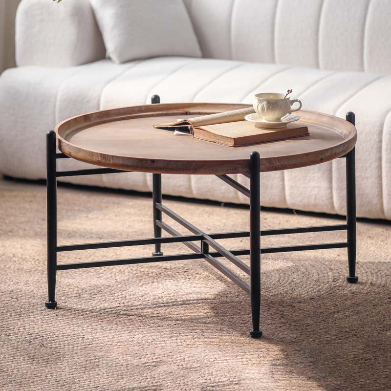 Moderner minimalistischer runder Couchtisch aus Tannenholz mit Eisenrahmen 1 Ebene für Wohnzimmer und Schlafzimmer 