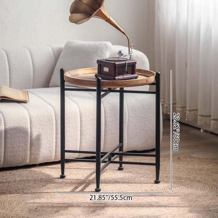 Moderner minimalistischer runder Couchtisch aus Tannenholz mit Eisenrahmen 1 Ebene für Wohnzimmer und Schlafzimmer 