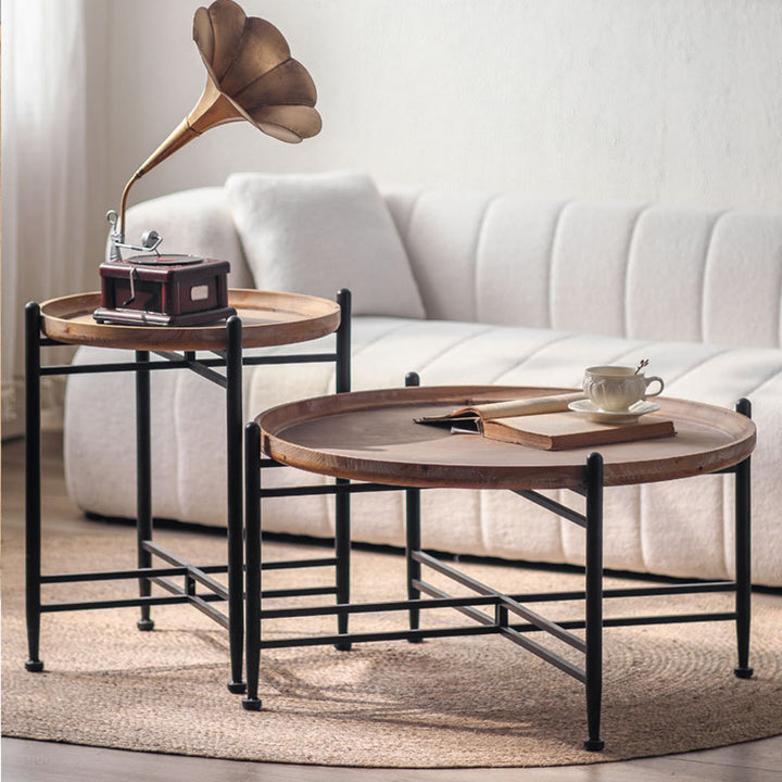 Moderner minimalistischer runder Couchtisch aus Tannenholz mit Eisenrahmen 1 Ebene für Wohnzimmer und Schlafzimmer 