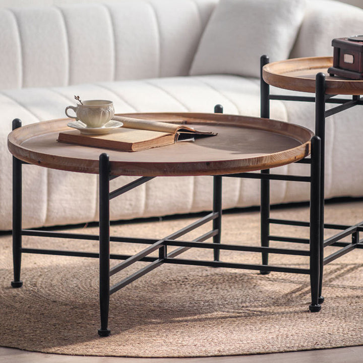 Moderner minimalistischer runder Couchtisch aus Tannenholz mit Eisenrahmen 1 Ebene für Wohnzimmer und Schlafzimmer 