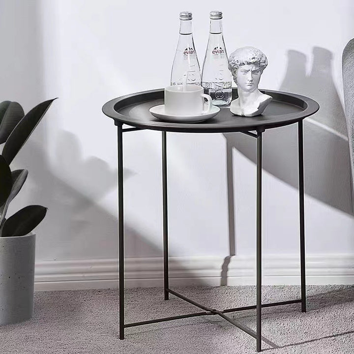 Moderner minimalistischer runder Beistelltisch aus Kohlenstoffstahl mit 1 Ebene für Wohnzimmer und Schlafzimmer 