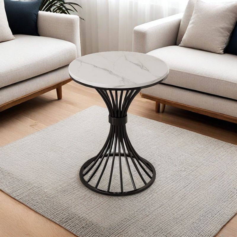 Modern Minimalist Sintered Stone Round Side Table Carbon Steel Base 1-Tier For Living Room &amp; Bedroom