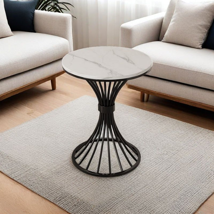 Modern Minimalist Sintered Stone Round Side Table Carbon Steel Base 1-Tier For Living Room &amp; Bedroom
