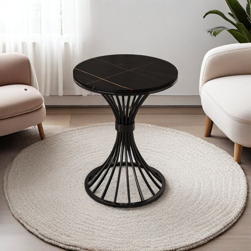 Modern Minimalist Sintered Stone Round Side Table Carbon Steel Base 1-Tier For Living Room &amp; Bedroom