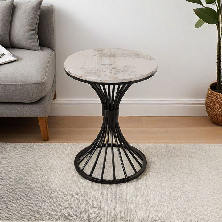 Modern Minimalist Sintered Stone Round Side Table Carbon Steel Base 1-Tier For Living Room &amp; Bedroom