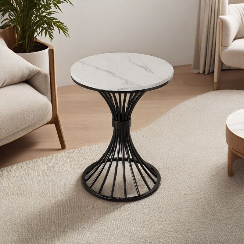 Modern Minimalist Sintered Stone Round Side Table Carbon Steel Base 1-Tier For Living Room &amp; Bedroom