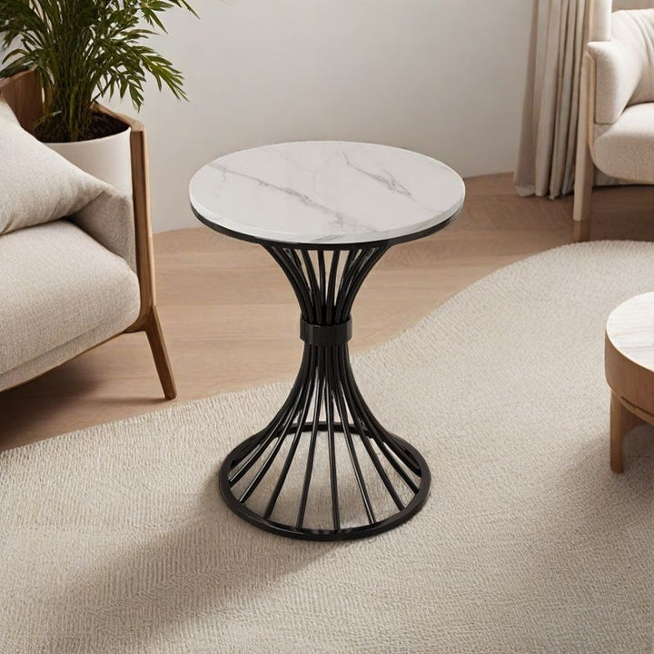 Modern Minimalist Sintered Stone Round Side Table Carbon Steel Base 1-Tier For Living Room &amp; Bedroom