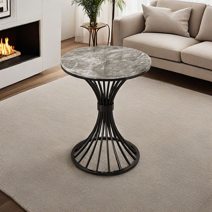 Modern Minimalist Sintered Stone Round Side Table Carbon Steel Base 1-Tier For Living Room &amp; Bedroom