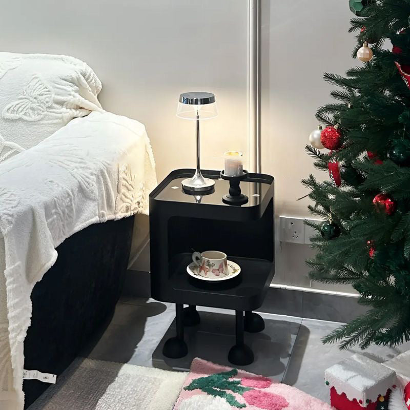 Contemporary Scandinavian Glass Square Nightstand Carbon Steel Frame 2-Tier Side Table For Living Room &amp; Bedroom