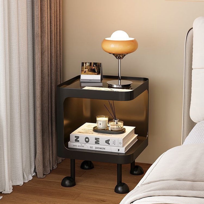 Contemporary Scandinavian Glass Square Nightstand Carbon Steel Frame 2-Tier Side Table For Living Room &amp; Bedroom