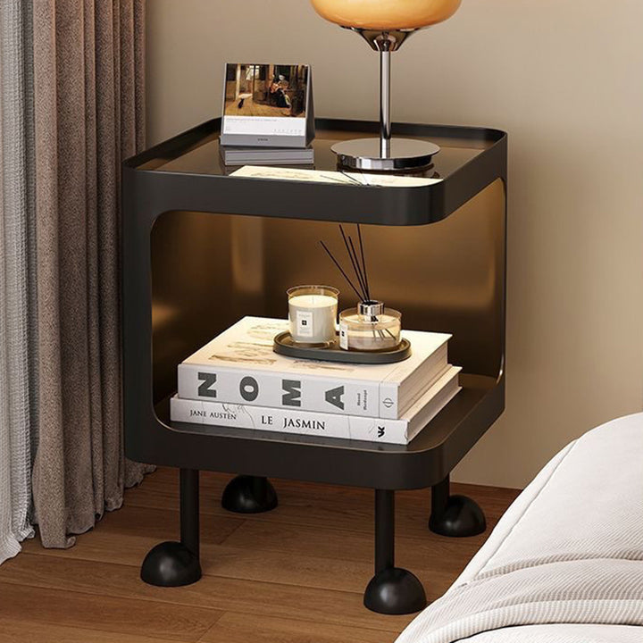 Contemporary Scandinavian Glass Square Nightstand Carbon Steel Frame 2-Tier Side Table For Living Room & Bedroom