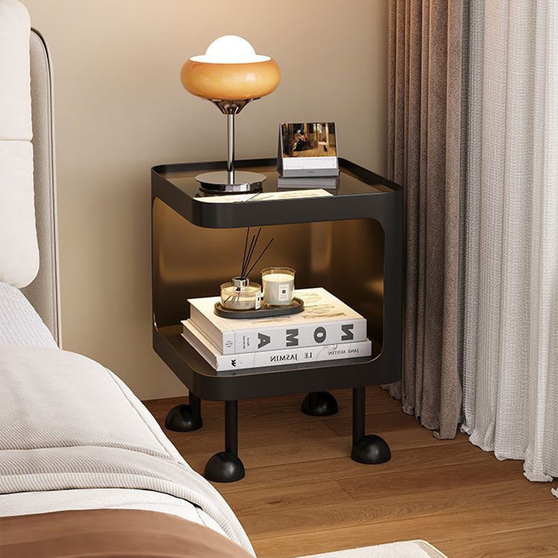 Contemporary Scandinavian Glass Square Nightstand Carbon Steel Frame 2-Tier Side Table For Living Room &amp; Bedroom