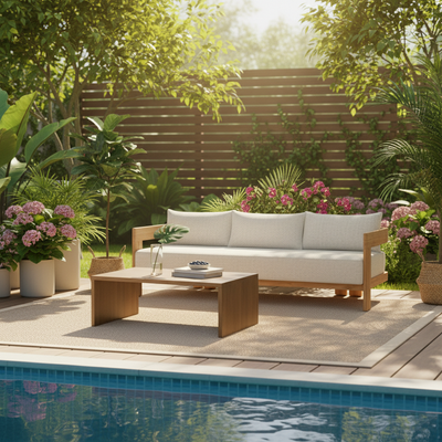 Contemporary Nordic Square Rectangular Teak Outdoor Sofa & Table Set For Outdoor Patio