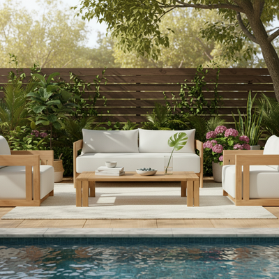 Contemporary Nordic Square Rectangular Teak Outdoor Sofa & Table Set For Outdoor Patio