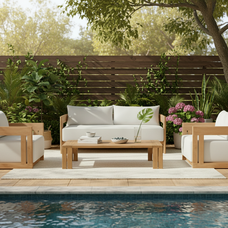 Contemporary Nordic Square Rectangular Teak Outdoor Sofa & Table Set For Outdoor Patio