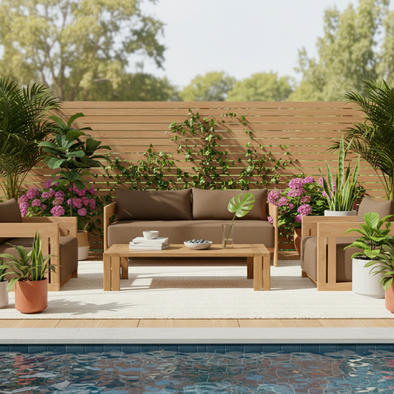 Contemporary Nordic Square Rectangular Teak Outdoor Sofa & Table Set For Outdoor Patio
