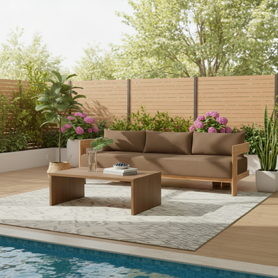 Contemporary Nordic Square Rectangular Teak Outdoor Sofa & Table Set For Outdoor Patio