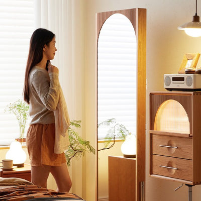 Contemporary Nordic Rectangular Cherry Wood Glass Acrylic Solid Wood Plywood Stainless Steel Full-Length Mirror Bookshelf 4-Tier For Bedroom