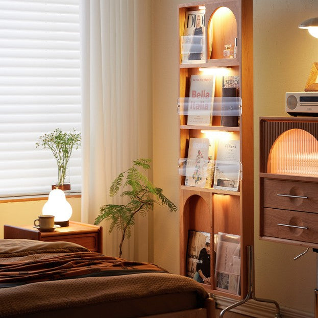 Zeitgenössisches nordisches rechteckiges Bücherregal aus Kirschholz, Glas, Acryl, Massivholz, Sperrholz und Edelstahl mit Ganzkörperspiegel, 4-stufig, für das Schlafzimmer 
