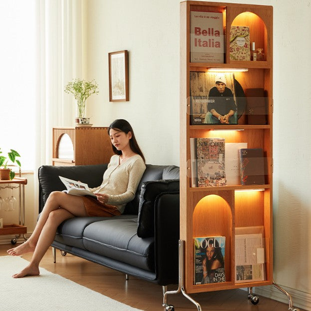 Zeitgenössisches nordisches rechteckiges Bücherregal aus Kirschholz, Glas, Acryl, Massivholz, Sperrholz und Edelstahl mit Ganzkörperspiegel, 4-stufig, für das Schlafzimmer 