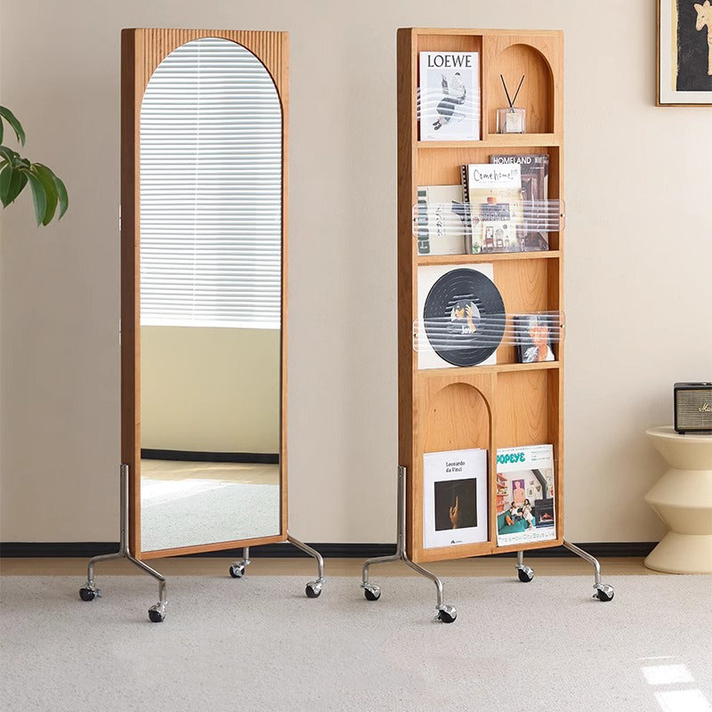Zeitgenössisches nordisches rechteckiges Bücherregal aus Kirschholz, Glas, Acryl, Massivholz, Sperrholz und Edelstahl mit Ganzkörperspiegel, 4-stufig, für das Schlafzimmer 