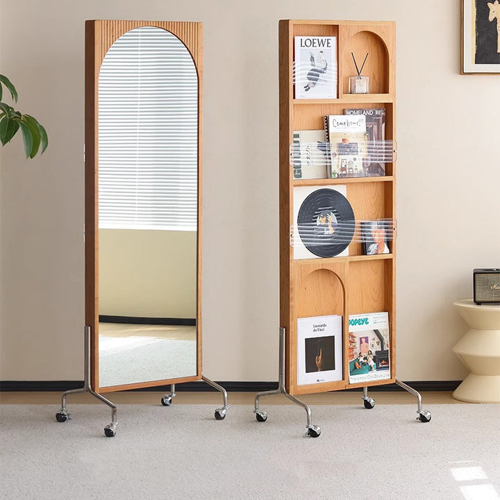 Zeitgenössisches nordisches rechteckiges Bücherregal aus Kirschholz, Glas, Acryl, Massivholz, Sperrholz und Edelstahl mit Ganzkörperspiegel, 4-stufig, für das Schlafzimmer 