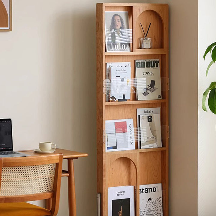 Zeitgenössisches nordisches rechteckiges Bücherregal aus Kirschholz, Glas, Acryl, Massivholz, Sperrholz und Edelstahl mit Ganzkörperspiegel, 4-stufig, für das Schlafzimmer 