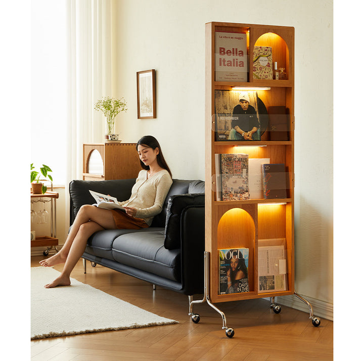 Zeitgenössisches nordisches rechteckiges Bücherregal aus Kirschholz, Glas, Acryl, Massivholz, Sperrholz und Edelstahl mit Ganzkörperspiegel, 4-stufig, für das Schlafzimmer 