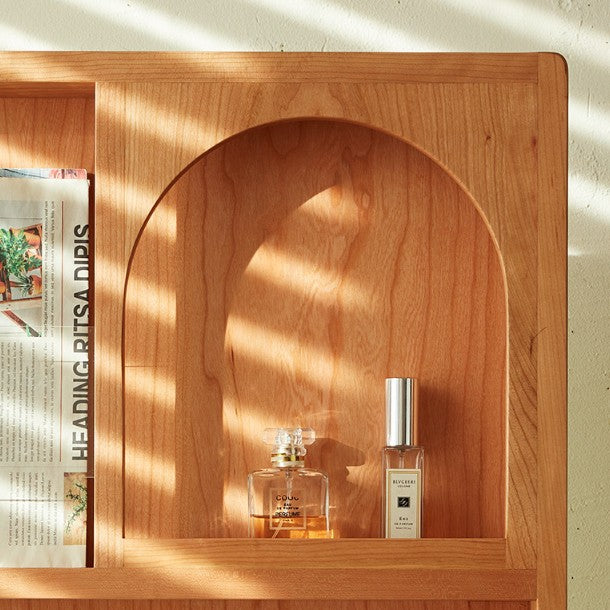 Zeitgenössisches nordisches rechteckiges Bücherregal aus Kirschholz, Glas, Acryl, Massivholz, Sperrholz und Edelstahl mit Ganzkörperspiegel, 4-stufig, für das Schlafzimmer 