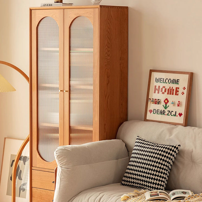 Contemporary Nordic Square Rectangular Cherry Wood Storage Cabinet 4-Tier 2-Drawer For Living Room