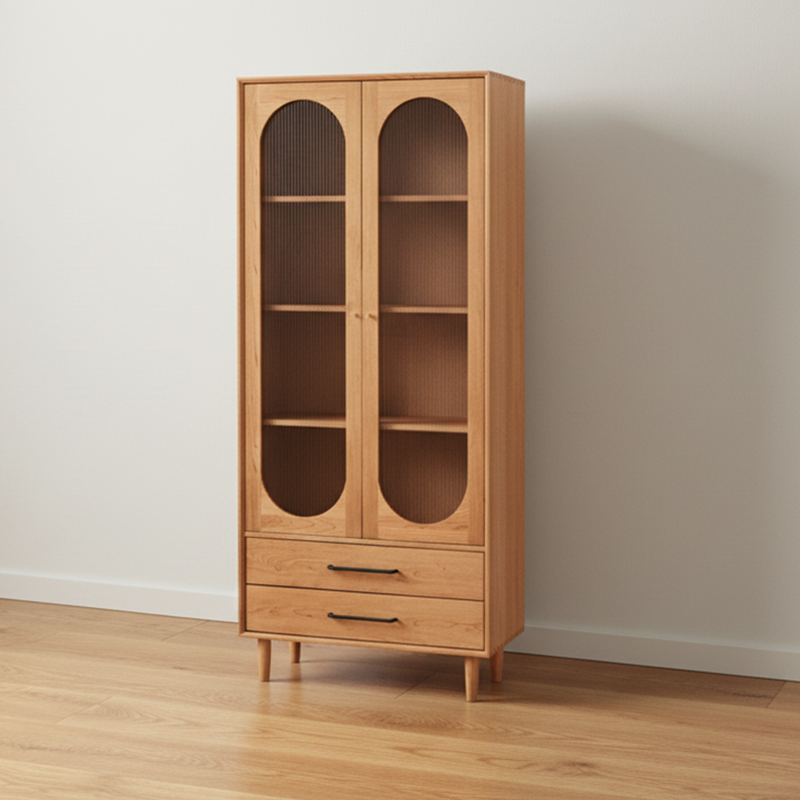 Contemporary Nordic Square Rectangular Cherry Wood Storage Cabinet 4-Tier 2-Drawer For Living Room