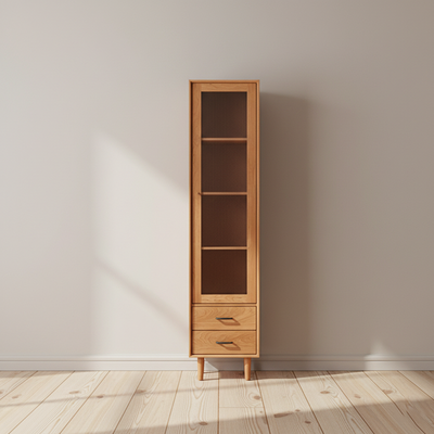 Contemporary Nordic Square Rectangular Cherry Wood Storage Cabinet 4-Tier 2-Drawer For Living Room