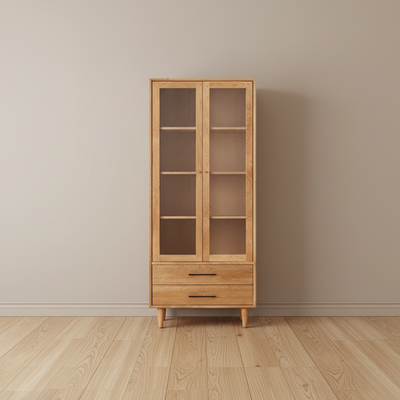 Contemporary Nordic Square Rectangular Cherry Wood Storage Cabinet 4-Tier 2-Drawer For Living Room