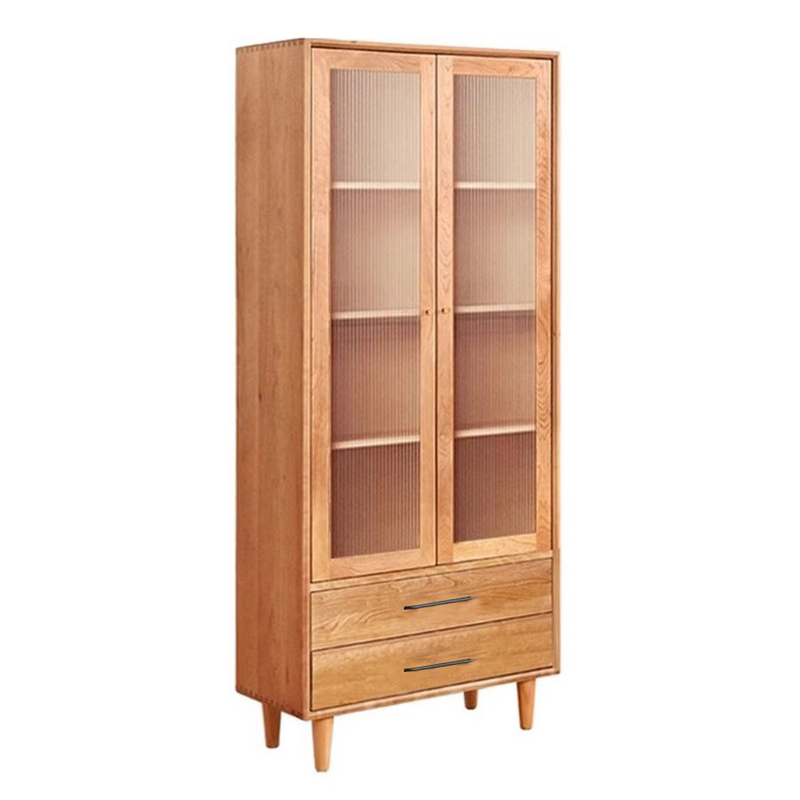 Contemporary Nordic Square Rectangular Cherry Wood Storage Cabinet 4-Tier 2-Drawer For Living Room