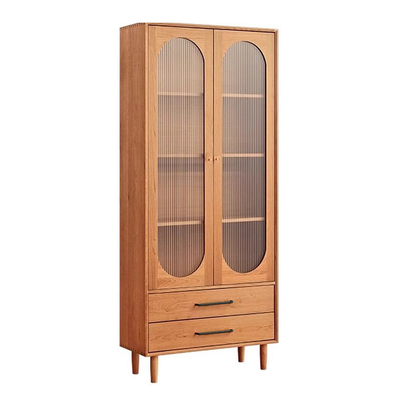 Contemporary Nordic Square Rectangular Cherry Wood Storage Cabinet 4-Tier 2-Drawer For Living Room