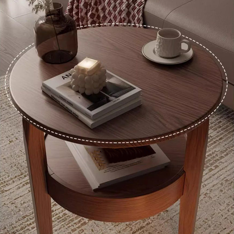 Traditioneller runder Couchtisch im Vintage-Stil aus Gummibaumholz, Paulownia-Holz und Sperrholz, 2 Ebenen, für das Wohnzimmer 