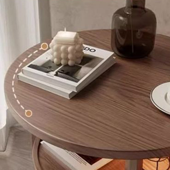 Traditioneller runder Couchtisch im Vintage-Stil aus Gummibaumholz, Paulownia-Holz und Sperrholz, 2 Ebenen, für das Wohnzimmer 