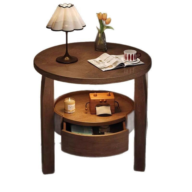 Traditioneller runder Couchtisch im Vintage-Stil aus Gummibaumholz, Paulownia-Holz und Sperrholz, 2 Ebenen, für das Wohnzimmer 
