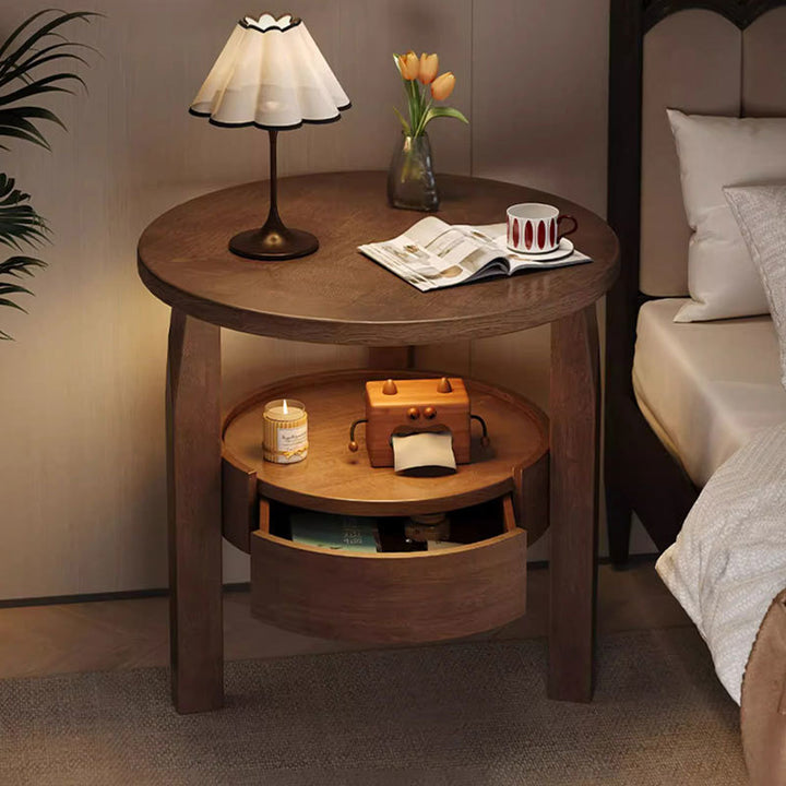 Traditioneller runder Couchtisch im Vintage-Stil aus Gummibaumholz, Paulownia-Holz und Sperrholz, 2 Ebenen, für das Wohnzimmer 